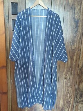 Swim Cover-up Navy Blue & White Striped Kimono Cardigan Women's Size L